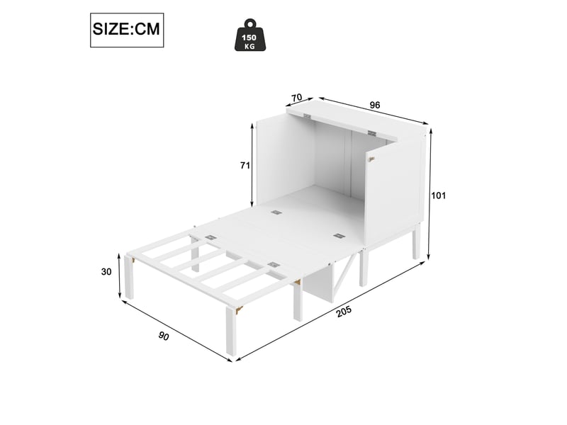  Lit escamotable vertical 90x200 cm avec sommier à lattes bois mdf métal blanc sans matelas  - Conforama C