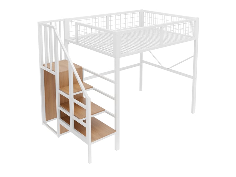  Lit mezzanine 140 x 200 cm avec led et escalier de rangement, lit double en métal blanc avec penderie ouverte, rangements et garde-corps grillagé  - Conforama E