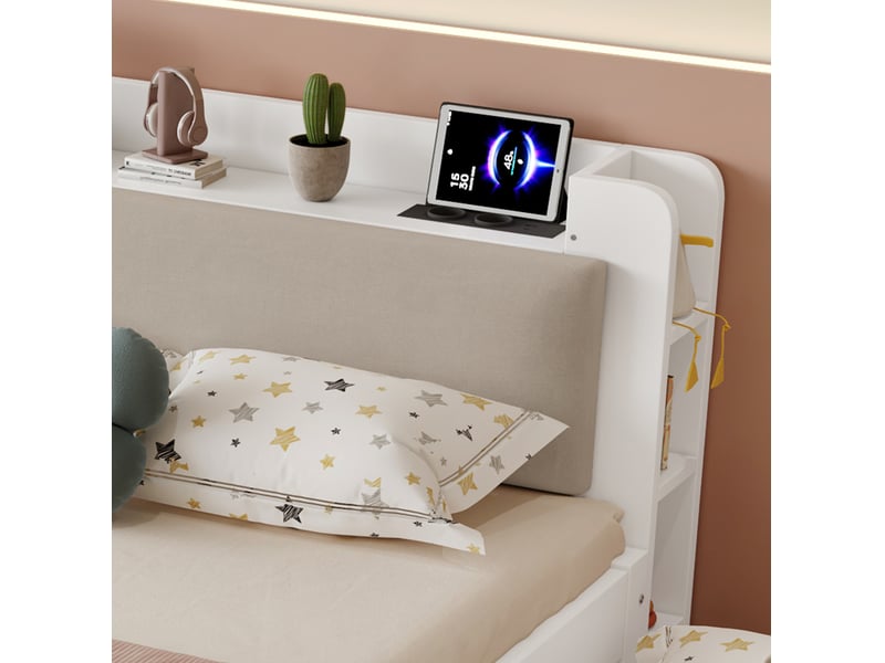 Lit avec couchage gigogne, 120x200 cm et 90x190 cm, rangement, tête de lit, matelas non inclus, bois, coloris blanc - Conforama E