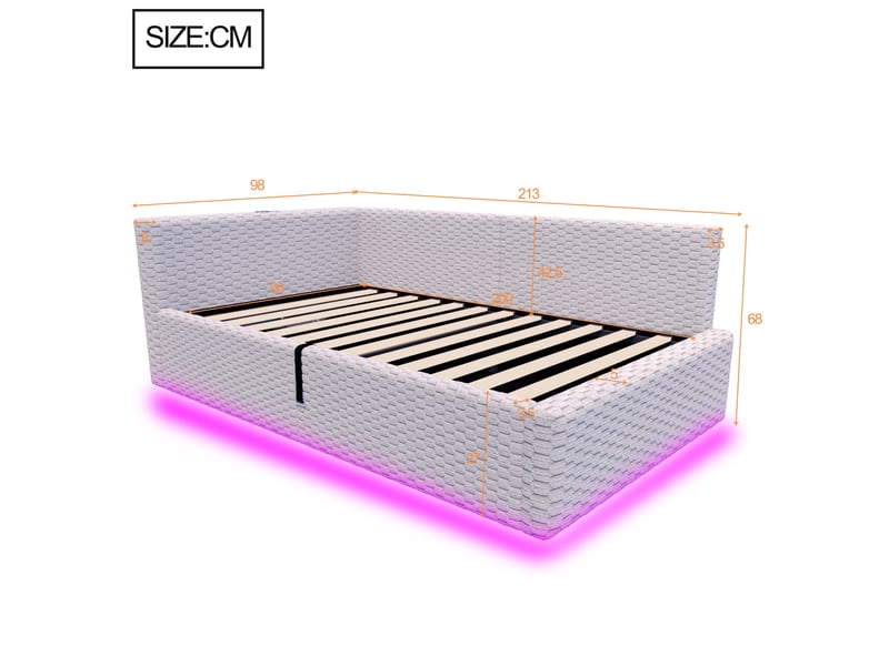  Lit banquette 90 x 200 cm gris en velours avec coffre hydraulique, dossier moelleux en l, led, ports usb type-c, rangement chambre moderne  - Conforama E