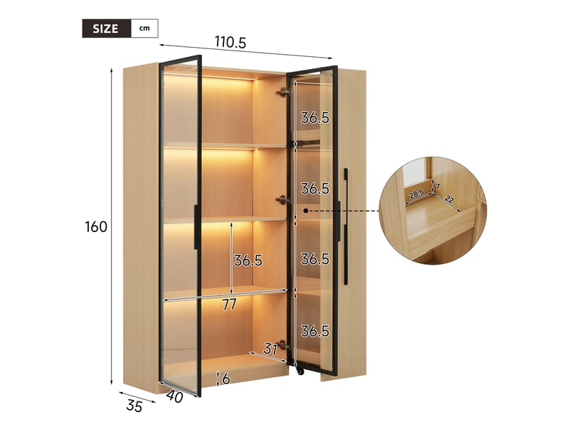  Vitrine led verre 110x35x160cm meuble de rangement bibliothèque avec 2 portes vitrée tiroir latéral coulissant - chêne  - Conforama D
