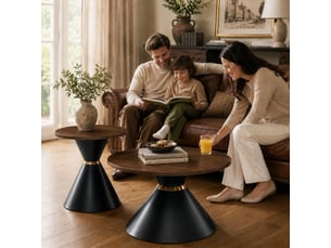 Lot de 2 tables basses rondes en noyer et métal noir - tables design conique solide