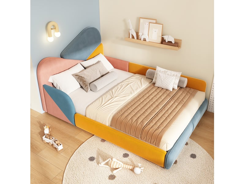  Lit enfant, 140x200 cm, côtés surélevés, motif patchwork multicolore, chambre, matelas non inclus, bois, coloris bleu  - Conforama B