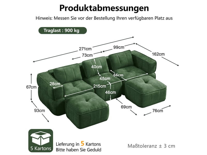  Canapé modulable en u 3 places modenvie avec 2 poufs, mousse haute densité 32d, tissu polyester vert, 271 x 162 x 67 cm  - Conforama C