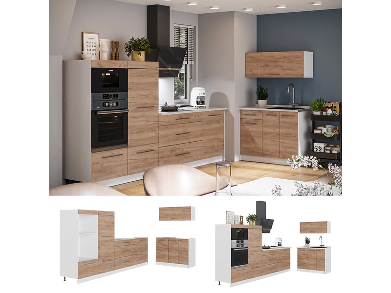 Vicco cuisine, chêne de force doré, 380cm, pt marbre - Conforama D