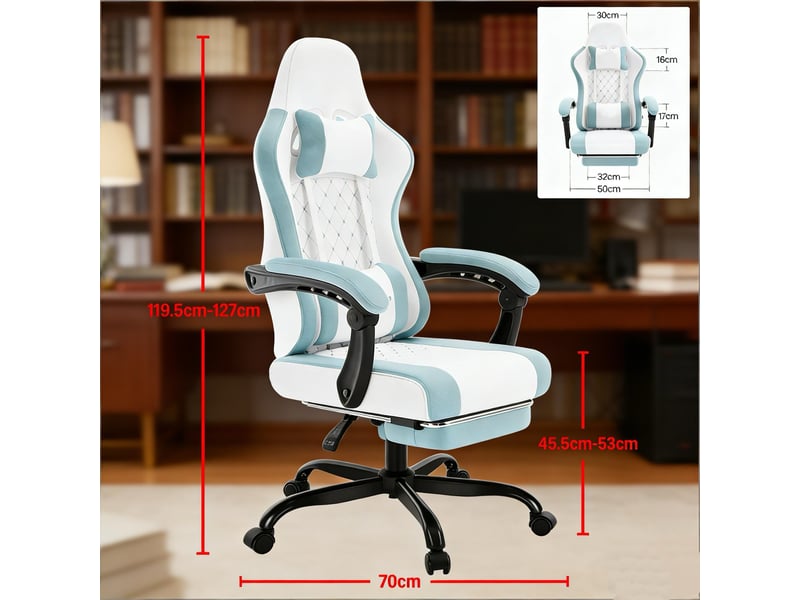  Chaise de bureau ergonomique pivotante avec massage lombaire, dossier inclinable, tissu mesh, bleu et blanc, 70x70x127 cm  - Conforama C