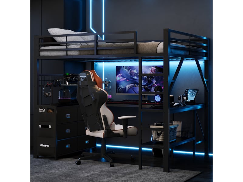 Lit mezzanine gaming 140x200 cm avec bureau, étagères, tiroirs et led, métal, noir OMNIGLINT TRADING LTD - Conforama E