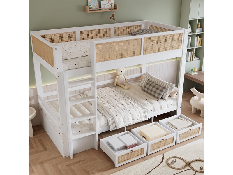 Lit superposé enfant 90x200 cm avec barrières en rotin, 3 tiroirs roulants, bois et mdf, blanc et naturel sans matelas  - Conforama D