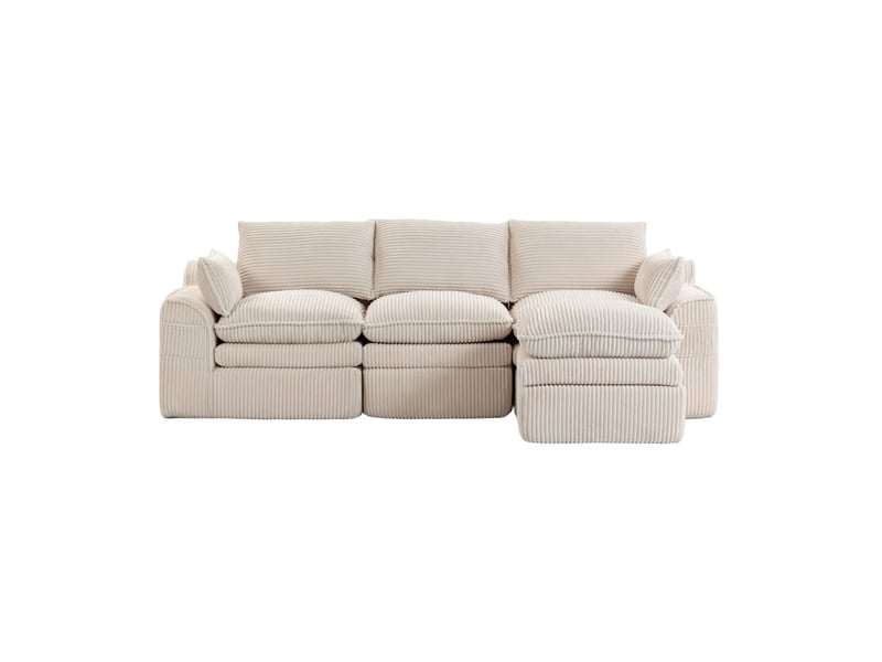  Canapé 3 places ulevr modulable avec pouf, poches latérales et coussins, velours côtelé beige, 263 x 167 x 85 cm  - Conforama A