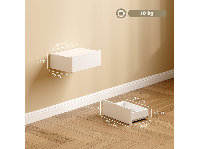  Ensemble de 2 tables de chevet suspendues avec 1 tiroir, fixation murale, style moderne pour chambre, 40 x 30 x 15 cm, blanc  - Conforama E