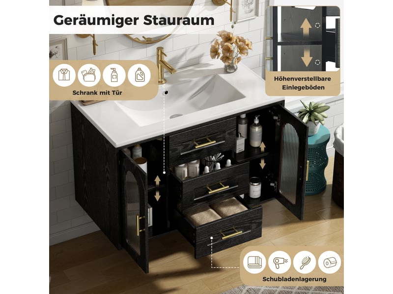 Meuble salle de bain suspendu 76 cm noir bois avec lavabo céramique et led - Conforama D