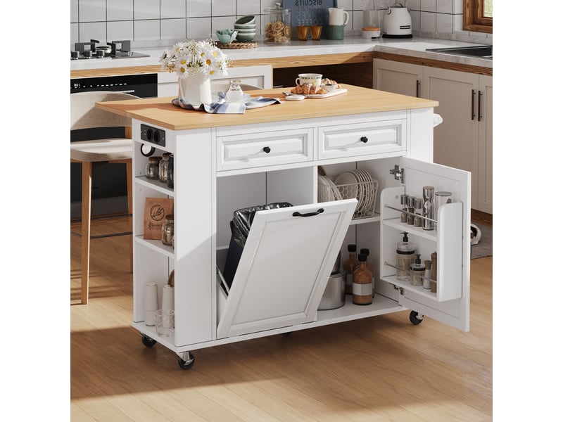 Îlot de cuisine mobile avec plateau rabattable, rangements et prises, en mdf et pb blanc et naturel, 120×40–70×92 cm - Conforama C