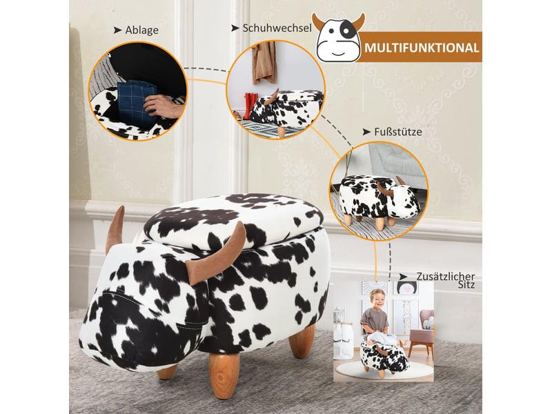  Pouf enfant animal 62x35x36 cm – noir et blanc – rangement intégré et repose-pieds confortable  - Conforama E