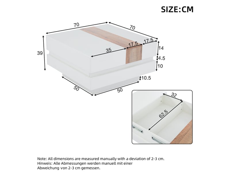  Table basse carrée 70x70x39 cm extensible avec rangement blanc et coloris bois naturel  - Conforama C