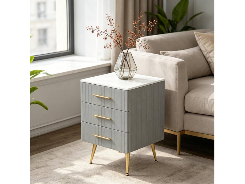  Table de chevet tcqpz 3 tiroirs velours gris pieds en métal dorés  - Conforama D