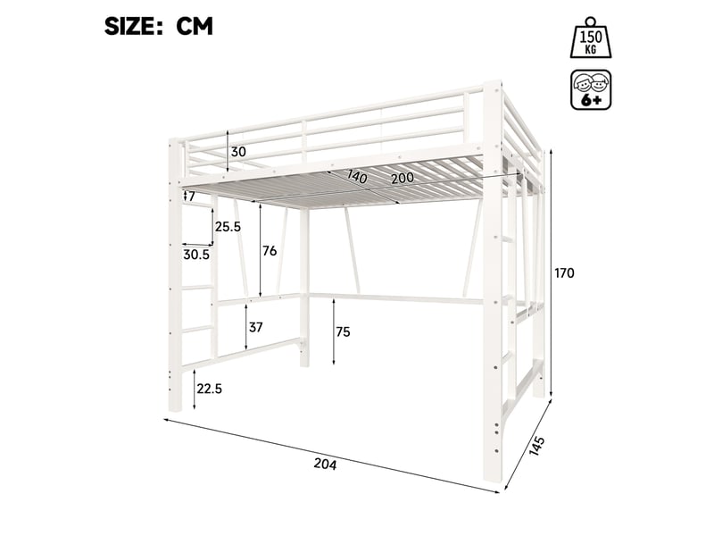  Lit mezzanine 140x200 cm en métal avec double échelle coloris blanc  - Conforama C