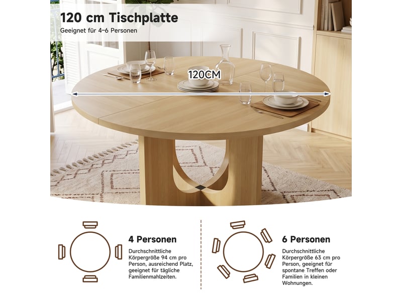  Table à manger ronde 120 cm - 4 à 6 personnes - style scandinave - chêne -| sans chaise  - Conforama E