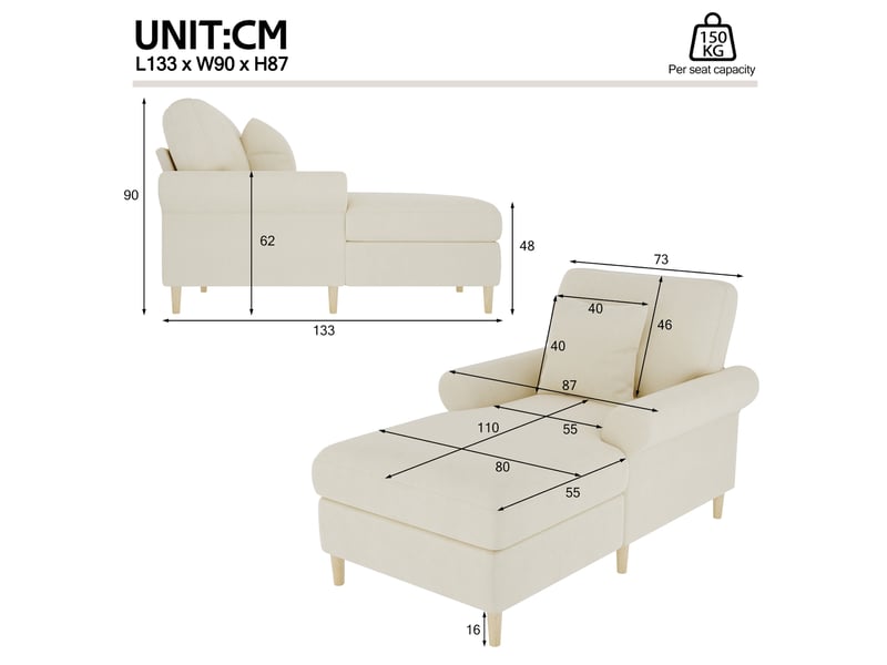  Fauteuil relax 133x87x90 cm, avec fonction allongée, coussin lombaire, canapé simple, pour salon, bureau, velours beige  - Conforama C