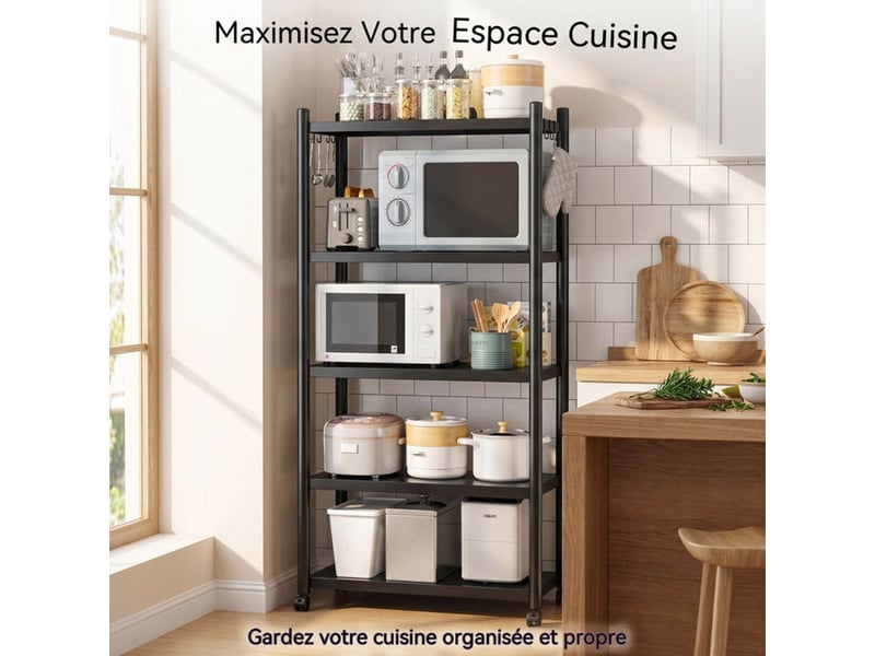  Etagere cuisine mobile 4 niveaux reglage electromenager 60x35x160 cm acier carbone 25 mm noir roulettes 360 verrouillables  - Conforama E