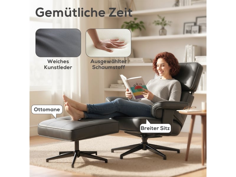 Fauteuil relax inclinable avec repose-pieds, similicuir noir, appui-tête réglable, base métal, pour salon et lecture - Conforama D