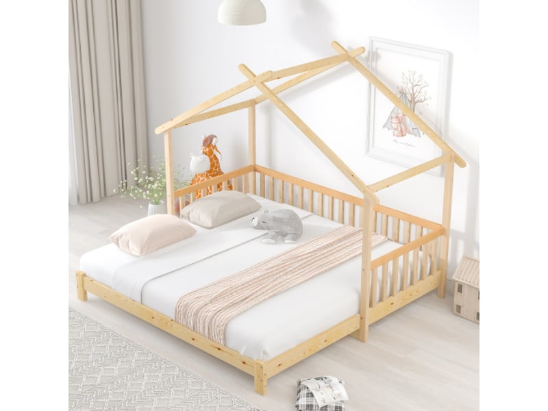 Lit cabane 200x90 cm, lit enfant avec lit gigogne et grille de protection, en bois, couleur naturel, sans matelas - Conforama C