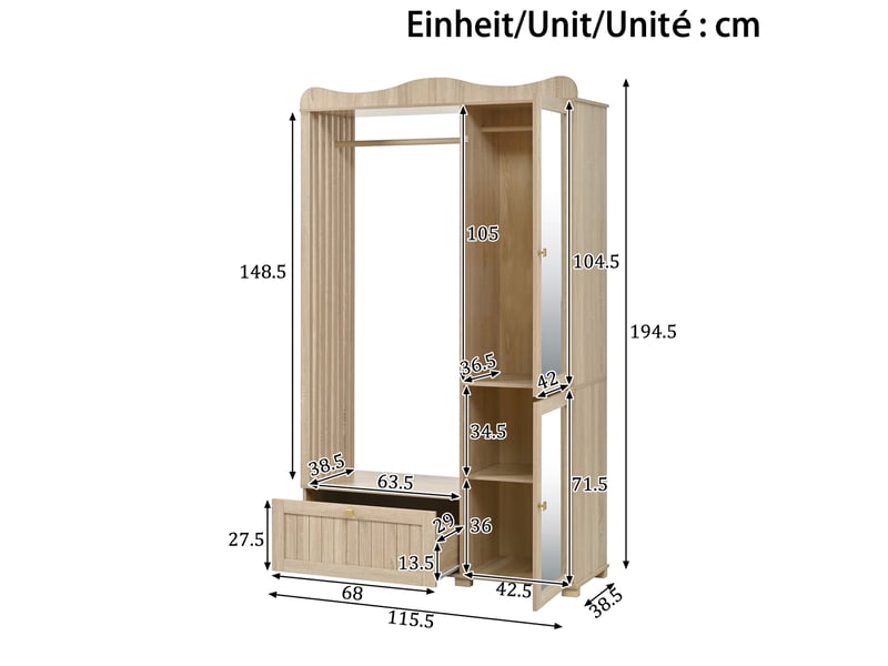  Dressing tcqpz ouvert avec miroir intégral 115,5 x 38,5 x 194,5 cm 2 portes 1 tiroir mdf coloris chêne  - Conforama C