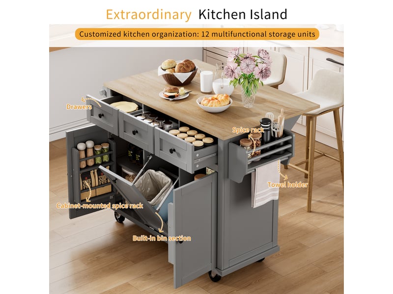  Desserte de cuisine à roulettes, plateau extensible et compartiment poubelle, 112×46,2–76,2×92,7 cm gris  - Conforama C