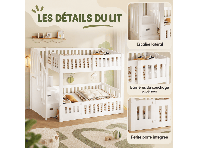 Lit superposé bas 140x200 cm, escalier avec rangements, barrières de sécurité avec portillon, sommier à lattes, pin et mdf, blanc OMNIGLINT TRADING LTD - Conforama E
