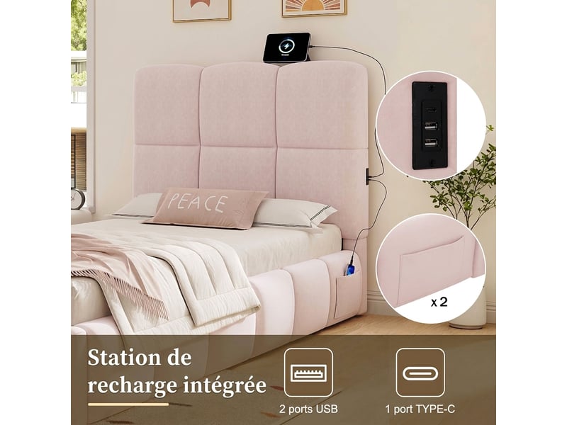  Lit enfant 90x200 velours rose - lit coffre hydraulique avec port usb et tête de lit capitonnée  - Conforama D