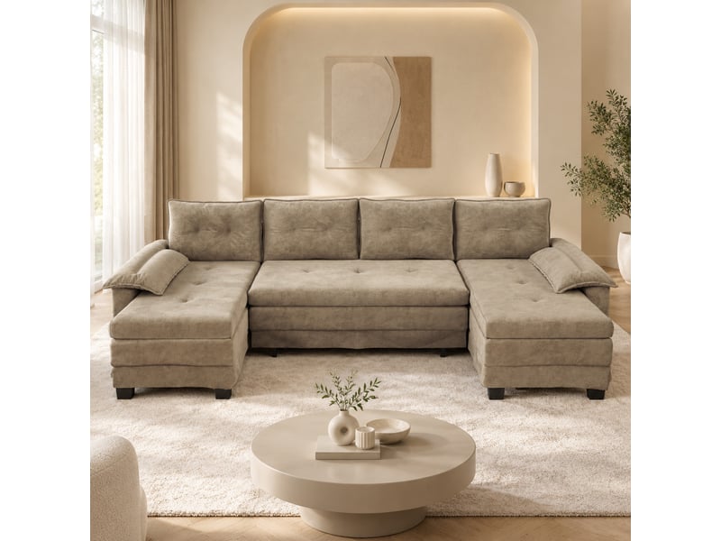 Canapé-lit modulable en u modenvie 4 places 278 x 127 cm convertible avec usb chenille kaki - Conforama E