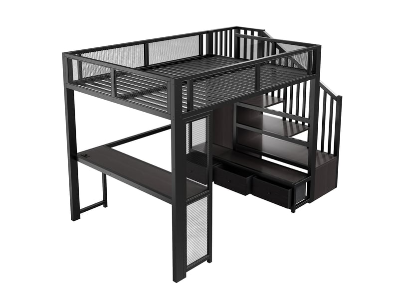  Lit mezzanine 140x200 cm avec bureau, espace de rangement, led et port usb, escalier, mdf et métal, noir sans matelas  - Conforama E
