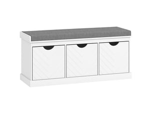 Banc chaussures entrée, banc de rangement avec 3 tiroirs amovibles et coussin rembourré en tissu aspect lin, blanc