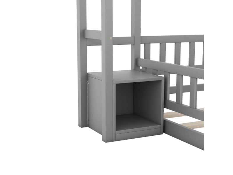  Lit enfant 140x200cm, lit double, lit de maison avec garde-corps, table de nuit, lit plat, pin + mdf, gris  - Conforama R