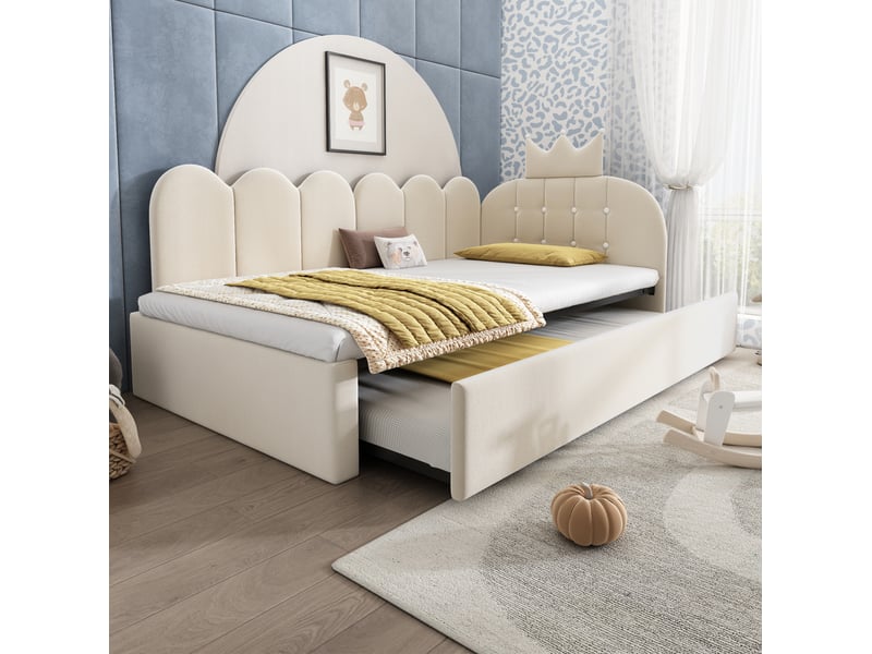  Lit gigogne 90x200 cm réversible en velours beige  - Conforama C