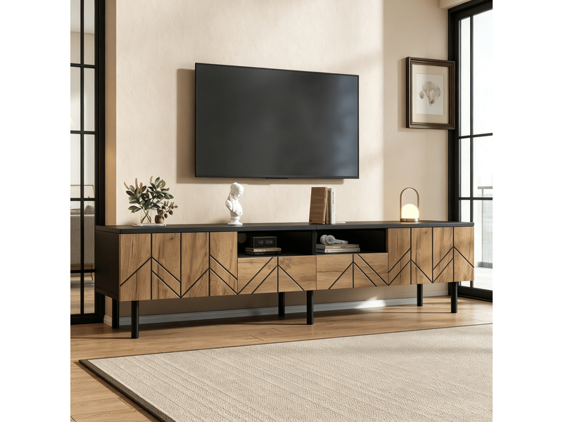  Meuble tv 180x40x45 cm - meuble bas avec tiroirs et portes, charge jusqu’à 75 kg, panneau de particules, effet bois - noir  - Conforama D