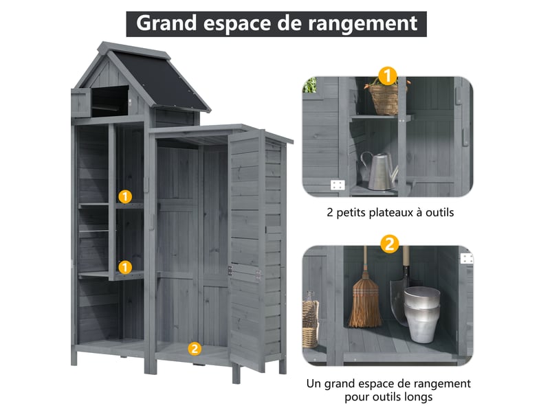 Armoire de jardin 110x52x170 cm double porte, grand espace de rangement, abri de jardin, bois de sapin, gris - Conforama E