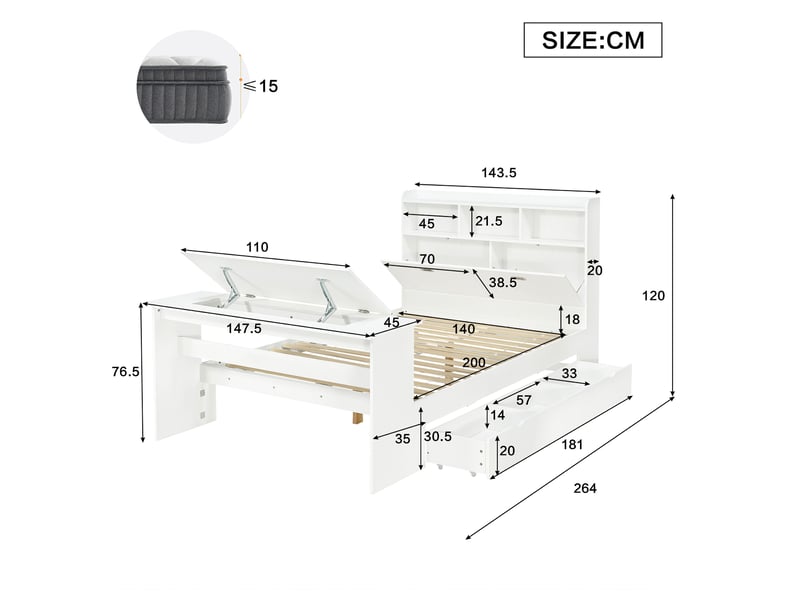  Lit enfant 2 places 140×200 cm avec rangements, tiroir et table pliante - okmyhome- blanc, sans matelas  - Conforama D