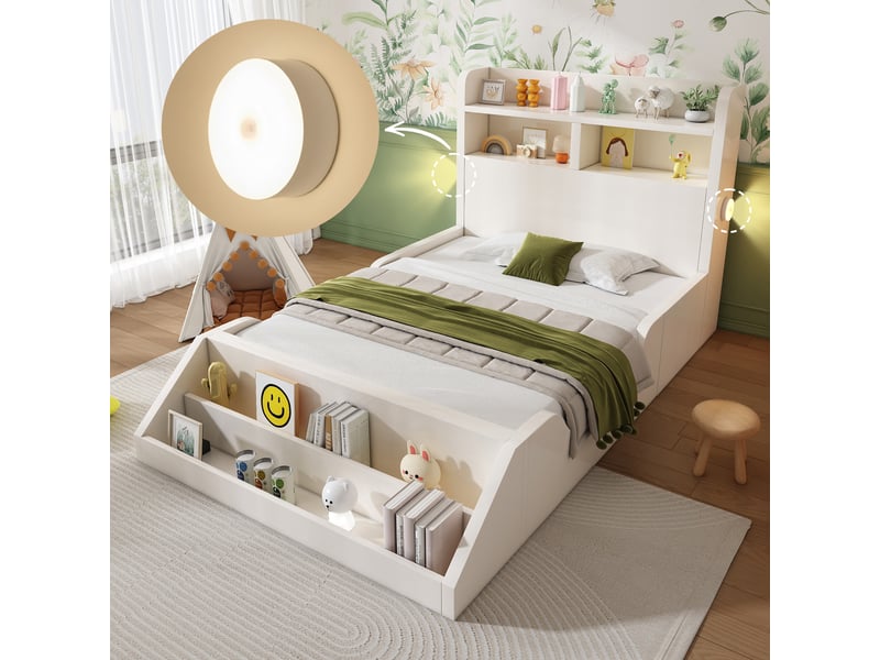  Lit simple enfant 200×90 cm avec étagères et 2 veilleuses, bibliothèque amovible, sommier inclus, sans matelas, blanc  - Conforama B
