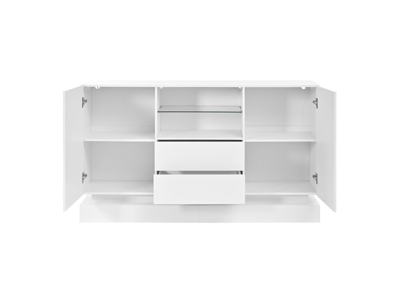  Buffet avec led pilotée par appli, 2 portes, 2 tiroirs, niche ouverte avec étagère en verre, façades brillantes, panneaux de particules ABC - Conforama D