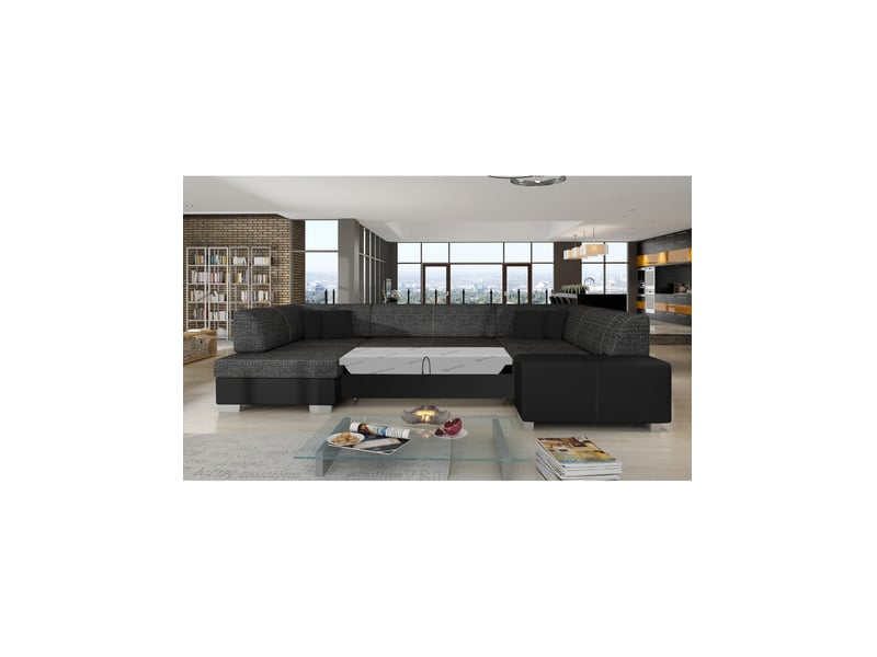  Canapé panoramique en u gris foncé &amp; noir convertible 6 places havane design géométrique  - Conforama D