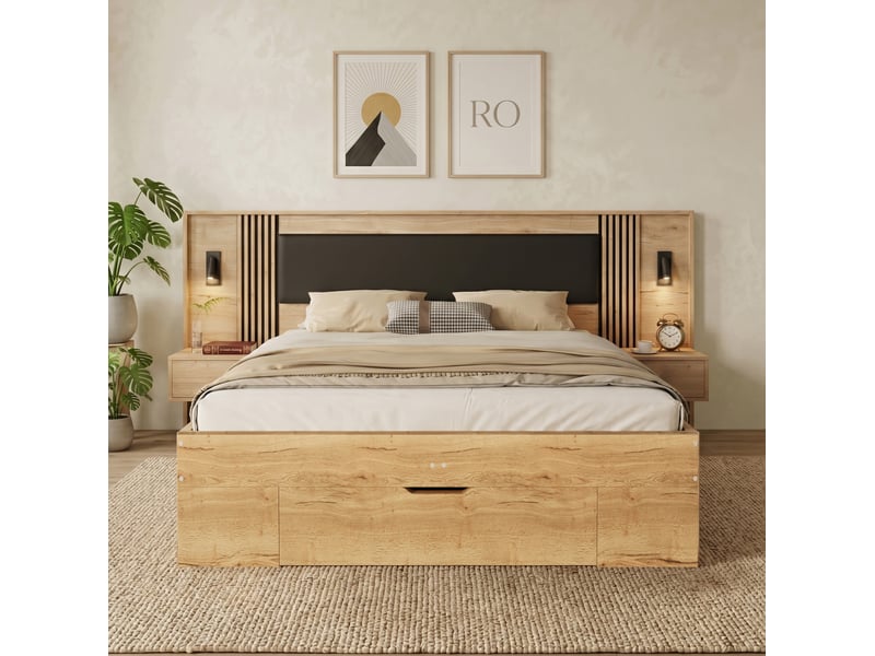 Lit coffre modenvie 160 x 200 cm avec matelas inclus, 2 chevets, tiroir, rangements, liseuses et tête de lit rembourrée, coloris naturel - Conforama D