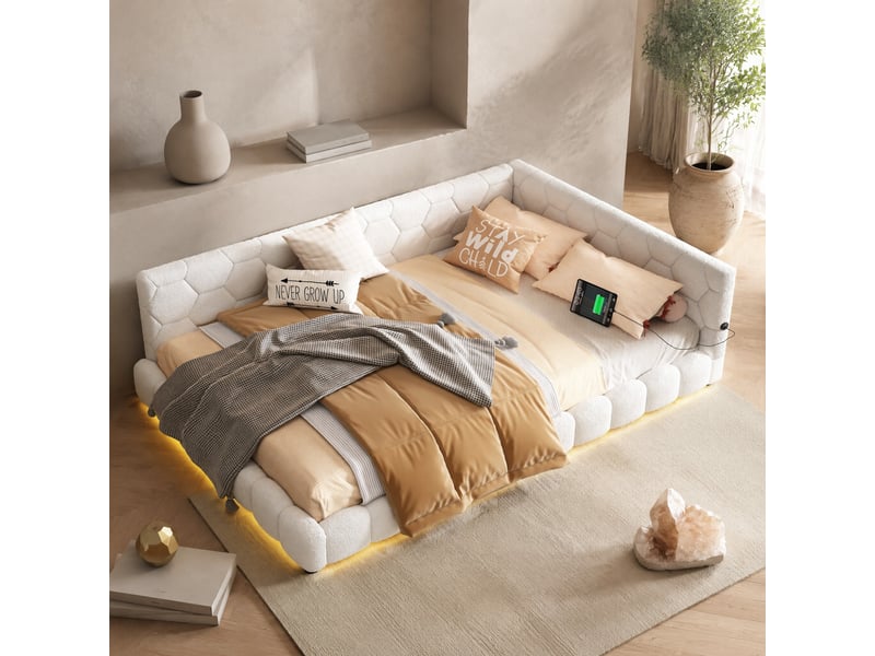  Lit banquette 140 x 200 cm blanc avec éclairage led 16 couleurs, usb et usb-c  - Conforama D