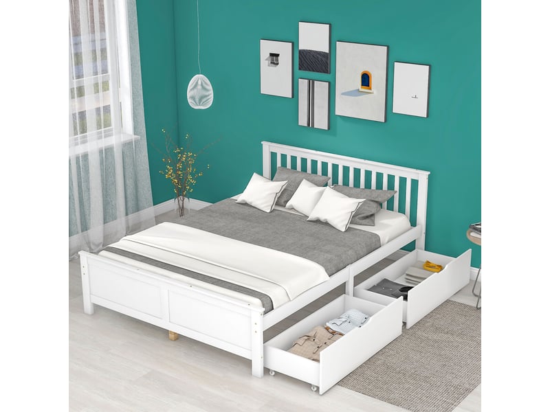  Lit double 140x200 cm avec 2 tiroirs de rangement intégrés – sans matelas – pin et mdf – blanc  - Conforama B