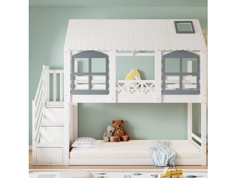 Lit superposé enfant 90x200 cm – blanc et gris – escalier à 3 rangements et fenêtres décoratives - Conforama B