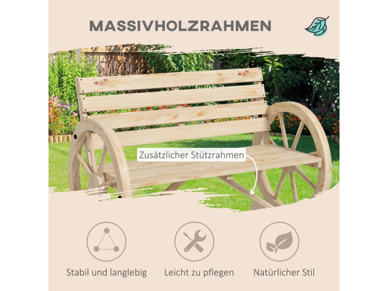  Banc de jardin 2 places en sapin, style rustique, avec accoudoirs, charge 240 kg, bois naturel  - Conforama B