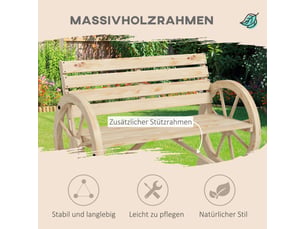 Banc de jardin 2 places en sapin, style rustique, avec accoudoirs, charge 240 kg, bois naturel