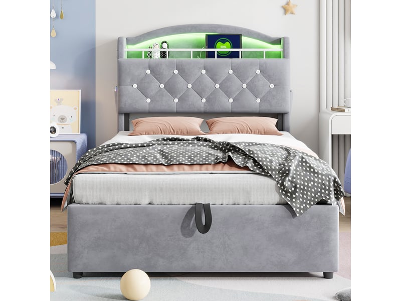  Lit coffre enfant 200×90 cm avec rangement, éclairage led et ports usb, en velours gris  - Conforama C