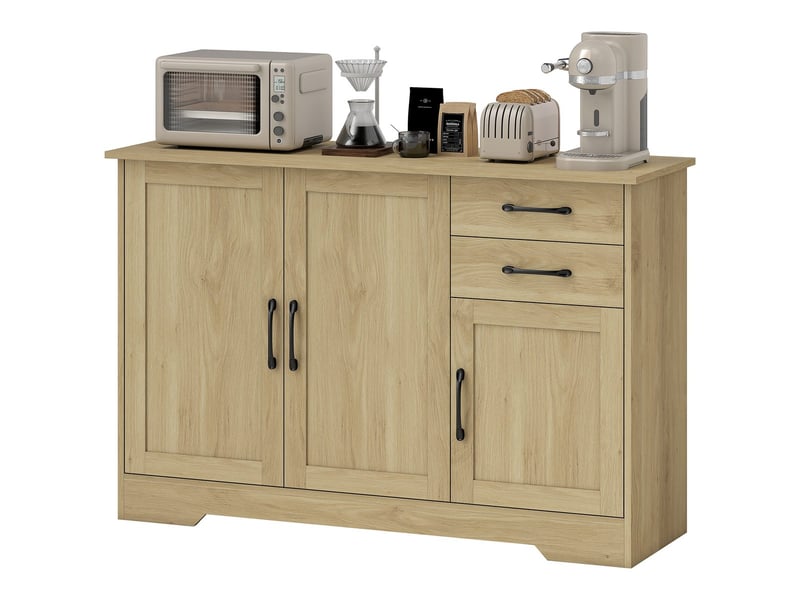  Buffet 3 portes avec 2 tiroirs et étagère réglable, 120x38x79 cm, bois naturel et noir 838-587V00ND - Conforama E