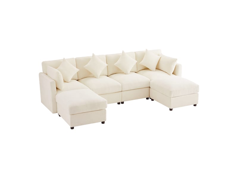 Canapé d'angle modulable ul 4-6 places 284x156,5x86 cm, style nuage, 2 poufs, accoudoirs réglables, 6 coussins, chenille beige - Conforama A