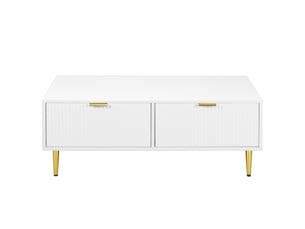 Table basse blanche moderne avec accents dorés, 2 tiroirs, rayures verticales - 100x50x40 cm, meuble salon